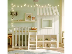 Cama cabana infantil 90x200 cm - com telhado + janela - com escada de 2 degraus e prateleiras - branco