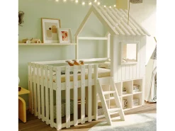 Cama cabana infantil 90x200 cm - com telhado + janela - com escada de 2 degraus e prateleiras - branco