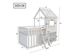 Cama cabana infantil 90x200 cm - com telhado + janela - com escada de 2 degraus e prateleiras - branco