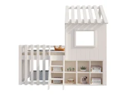 Cama cabana infantil 90x200 cm - com telhado + janela - com escada de 2 degraus e prateleiras - branco