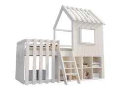 Cama cabana infantil 90x200 cm - com telhado + janela - com escada de 2 degraus e prateleiras - branco