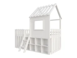 Cama cabana infantil 90x200 cm - com telhado + janela - com escada de 2 degraus e prateleiras - branco