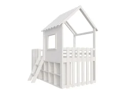 Cama cabana infantil 90x200 cm - com telhado + janela - com escada de 2 degraus e prateleiras - branco