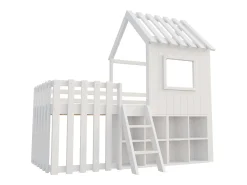 Cama cabana infantil 90x200 cm - com telhado + janela - com escada de 2 degraus e prateleiras - branco