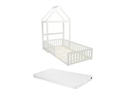 Cama cabana 90x190 cm em pinho e MDF branco + colchão - VARLAINE