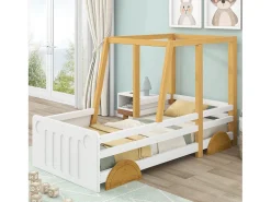 Cama cabine - 90 x 200 cm - MDF e pinho - base de ripas - branco e cor natural