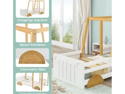 Cama cabine - 90 x 200 cm - MDF e pinho - base de ripas - branco e cor natural