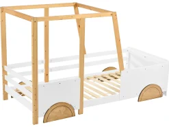 Cama cabine - 90 x 200 cm - MDF e pinho - base de ripas - branco e cor natural
