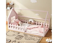 Cama cabine 90 x 200 cm, cama infantil com janela, Madeira de pinho, Base de ripas, Rosa