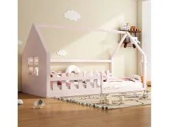 Cama cabine 90 x 200 cm, cama infantil com janela, Madeira de pinho, Base de ripas, Rosa