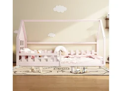 Cama cabine 90 x 200 cm, cama infantil com janela, Madeira de pinho, Base de ripas, Rosa