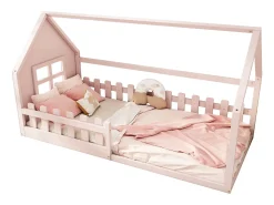 Cama cabine 90 x 200 cm, cama infantil com janela, Madeira de pinho, Base de ripas, Rosa