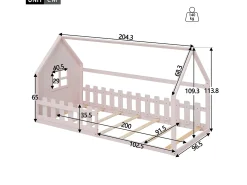 Cama cabine 90 x 200 cm, cama infantil com janela, Madeira de pinho, Base de ripas, Rosa