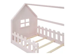 Cama cabine 90 x 200 cm, cama infantil com janela, Madeira de pinho, Base de ripas, Rosa