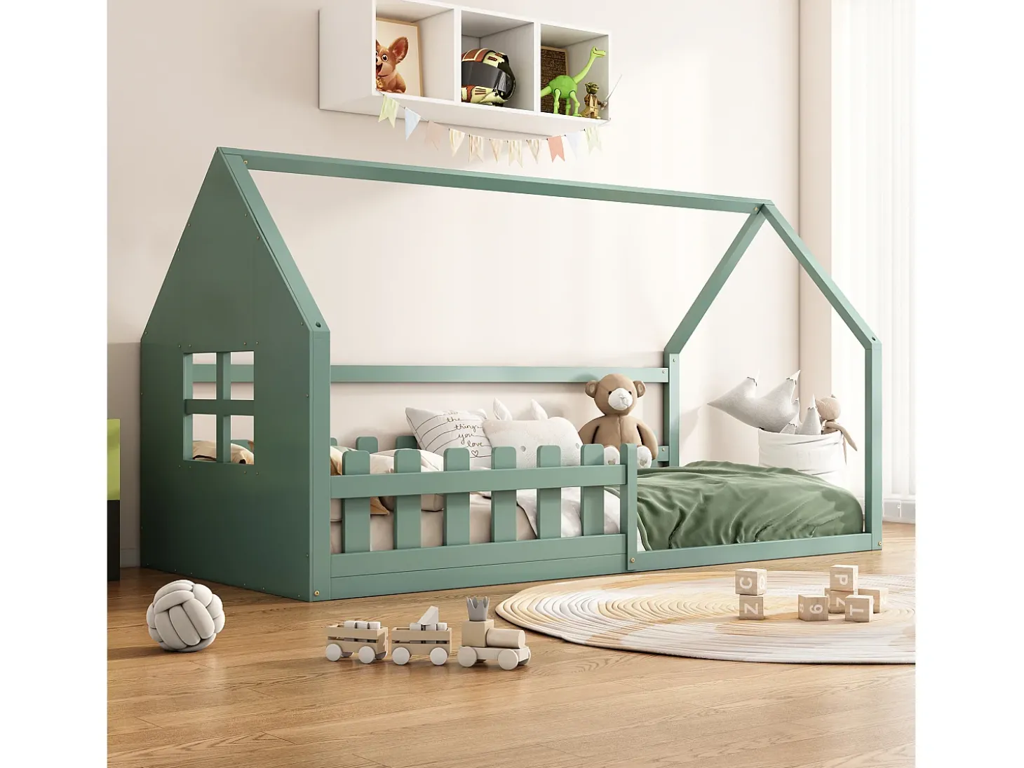 Cama cabine 90 x 200 cm, cama infantil com janela, Madeira de pinho, Base de ripas, Verde