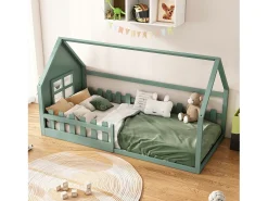 Cama cabine 90 x 200 cm, cama infantil com janela, Madeira de pinho, Base de ripas, Verde
