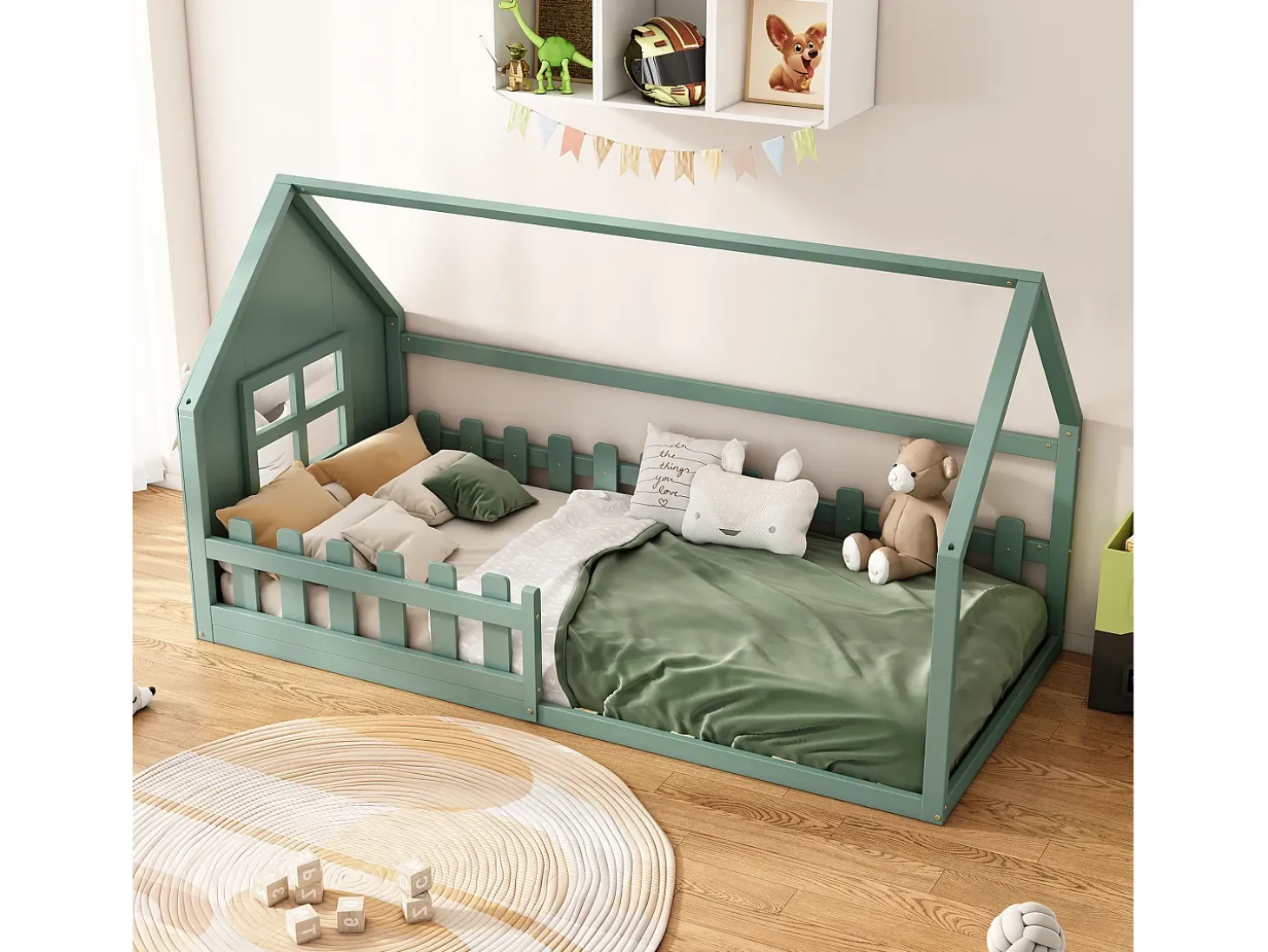 Cama cabine 90 x 200 cm, cama infantil com janela, Madeira de pinho, Base de ripas, Verde
