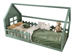 Cama cabine 90 x 200 cm, cama infantil com janela, Madeira de pinho, Base de ripas, Verde