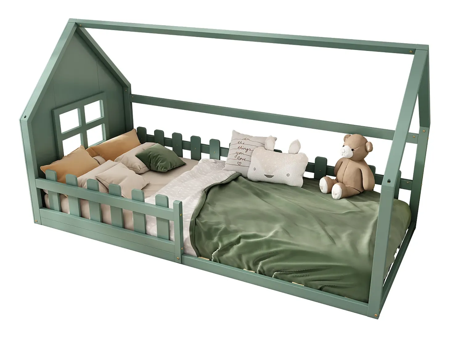 Cama cabine 90 x 200 cm, cama infantil com janela, Madeira de pinho, Base de ripas, Verde