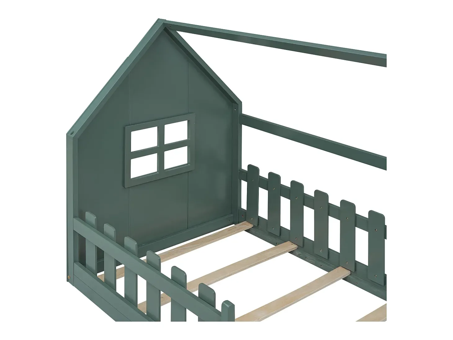 Cama cabine 90 x 200 cm, cama infantil com janela, Madeira de pinho, Base de ripas, Verde
