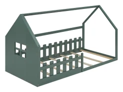Cama cabine 90 x 200 cm, cama infantil com janela, Madeira de pinho, Base de ripas, Verde
