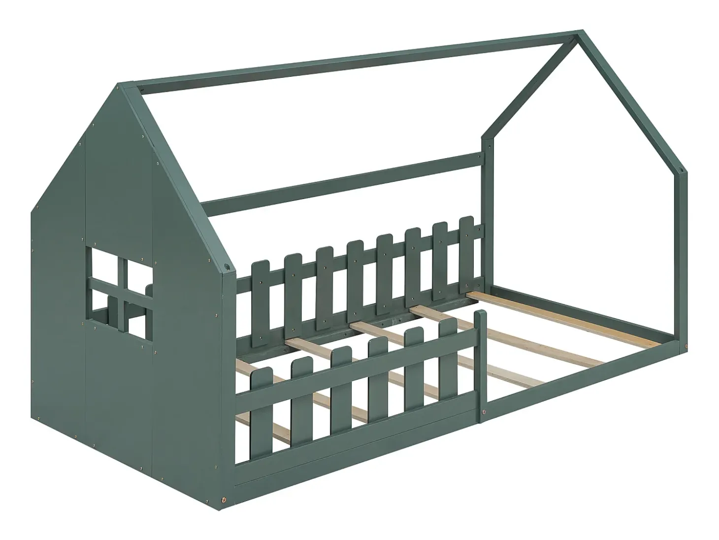 Cama cabine 90 x 200 cm, cama infantil com janela, Madeira de pinho, Base de ripas, Verde