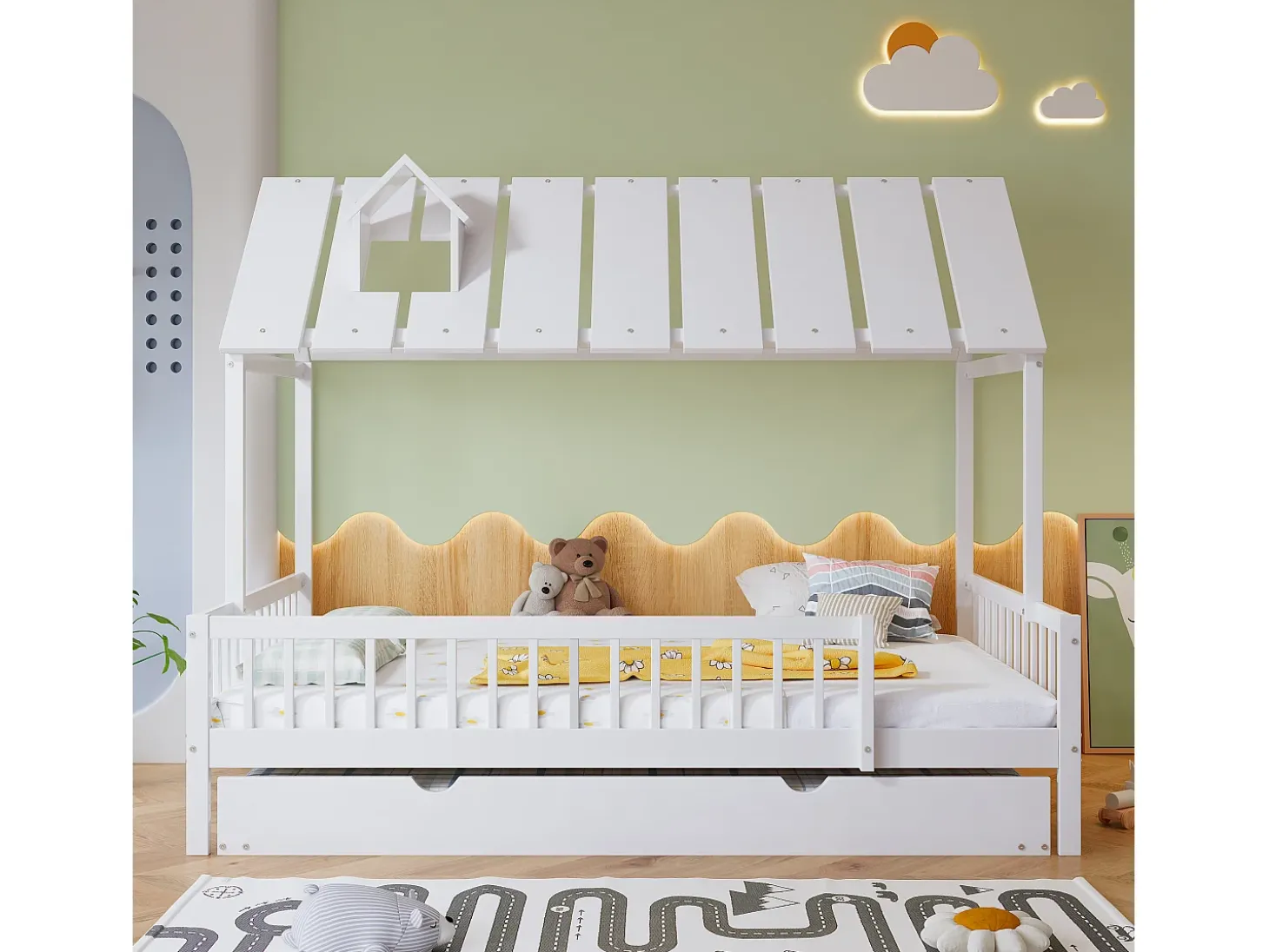 Cama cabine 120 x 200 cm com bicama 120 x 190 cm - Madeira de pinho + MDF - Branco