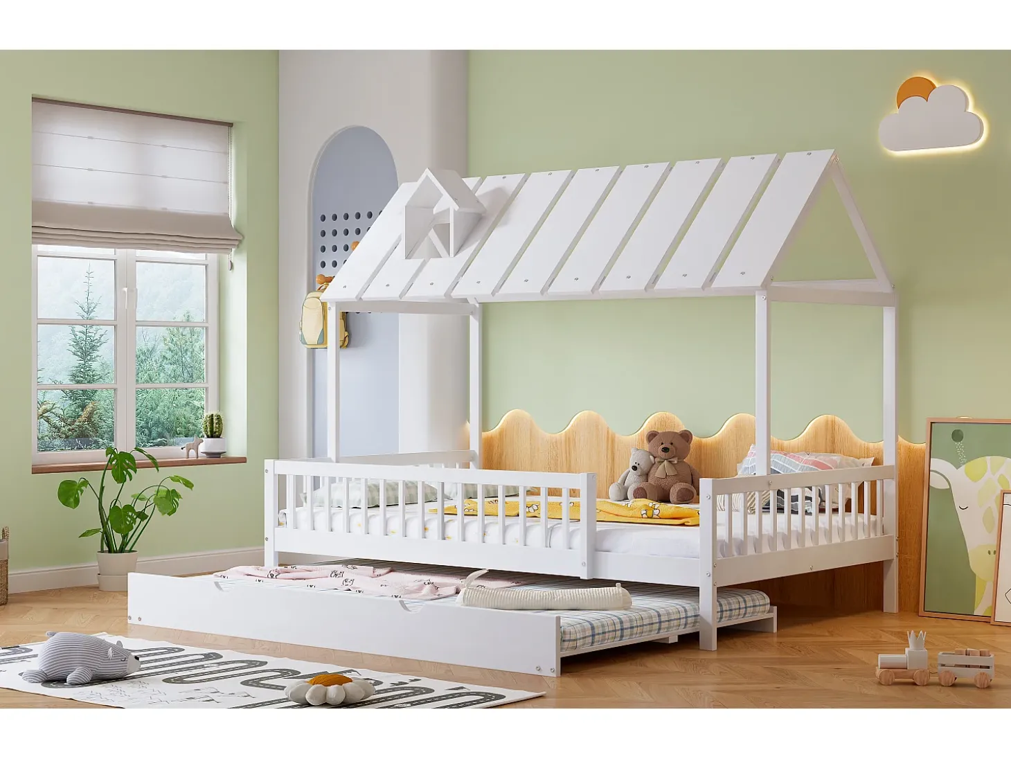 Cama cabine 120 x 200 cm com bicama 120 x 190 cm - Madeira de pinho + MDF - Branco