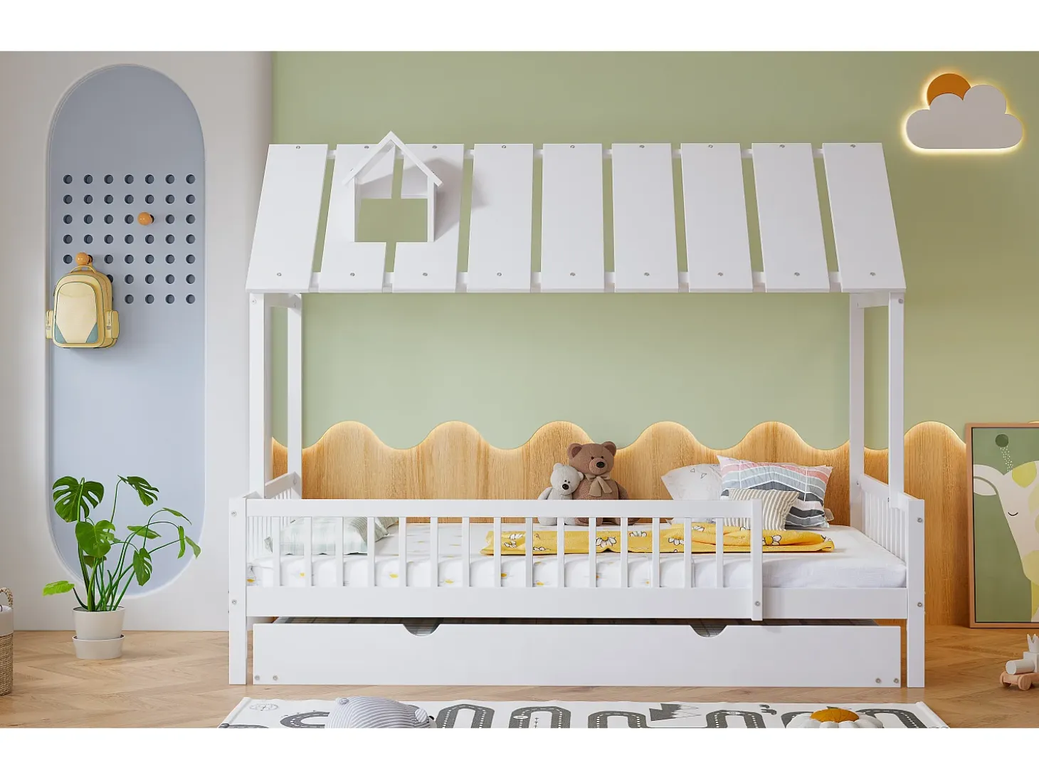 Cama cabine 120 x 200 cm com bicama 120 x 190 cm - Madeira de pinho + MDF - Branco