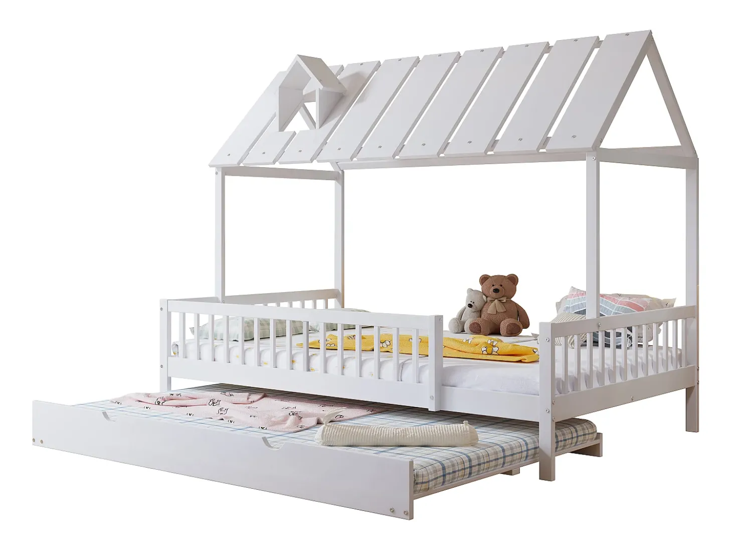 Cama cabine 120 x 200 cm com bicama 120 x 190 cm - Madeira de pinho + MDF - Branco