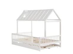 Cama cabine 120 x 200 cm com bicama 120 x 190 cm - Madeira de pinho + MDF - Branco