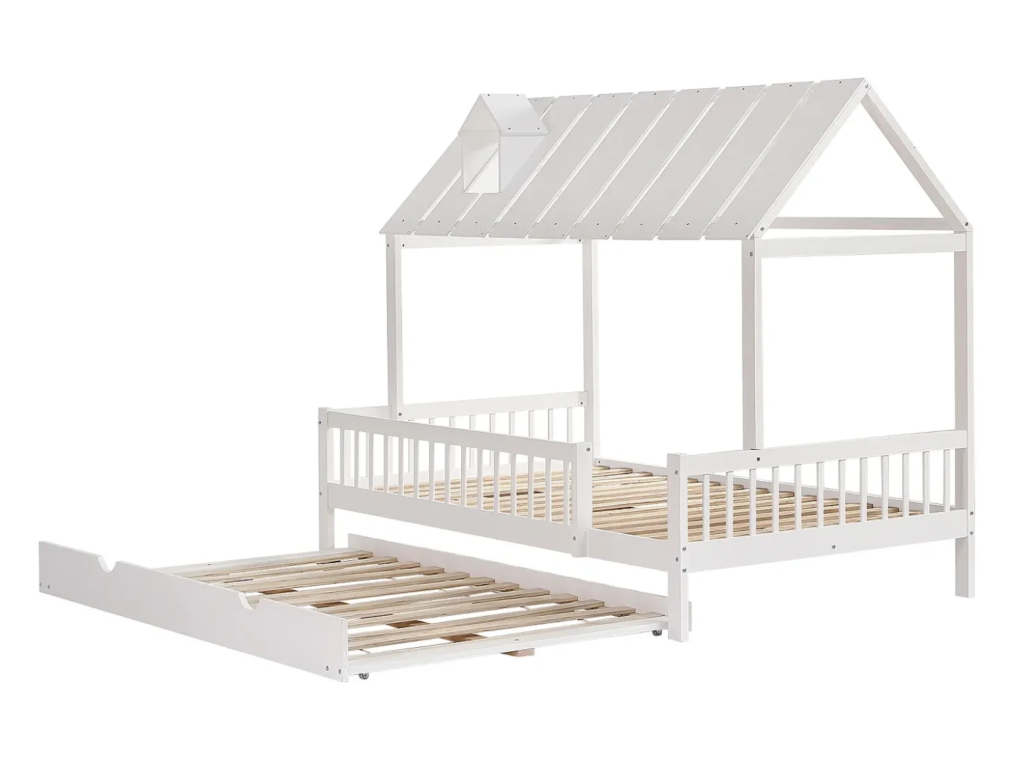Cama cabine 120 x 200 cm com bicama 120 x 190 cm - Madeira de pinho + MDF - Branco