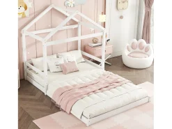 Cama cabine 140 x 200 cm com cabeceira - pinho + MDF - base de ripas - para crianças - branca (sem colchão)