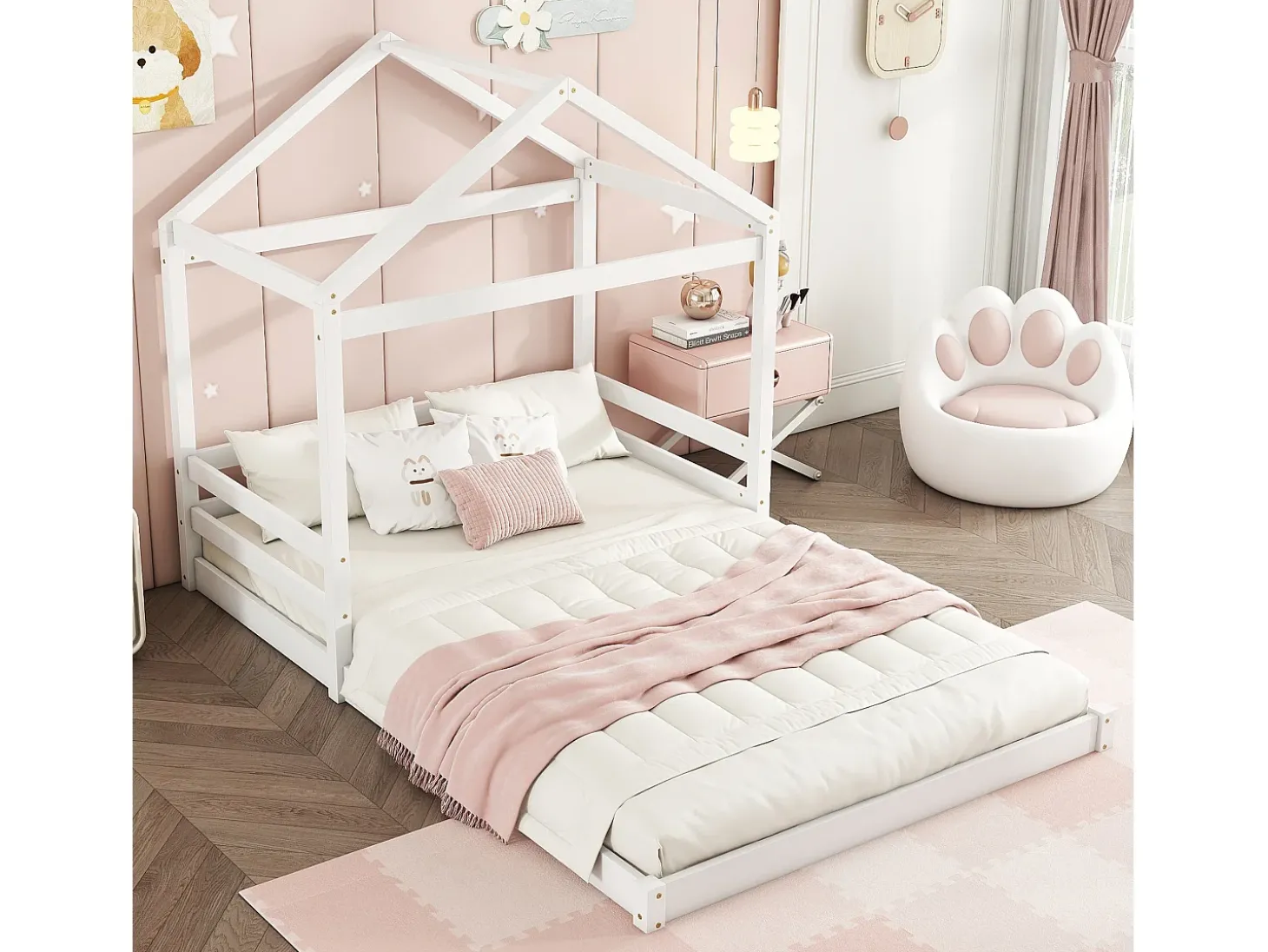 Cama cabine 140 x 200 cm com cabeceira - pinho + MDF - base de ripas - para crianças - branca (sem colchão)