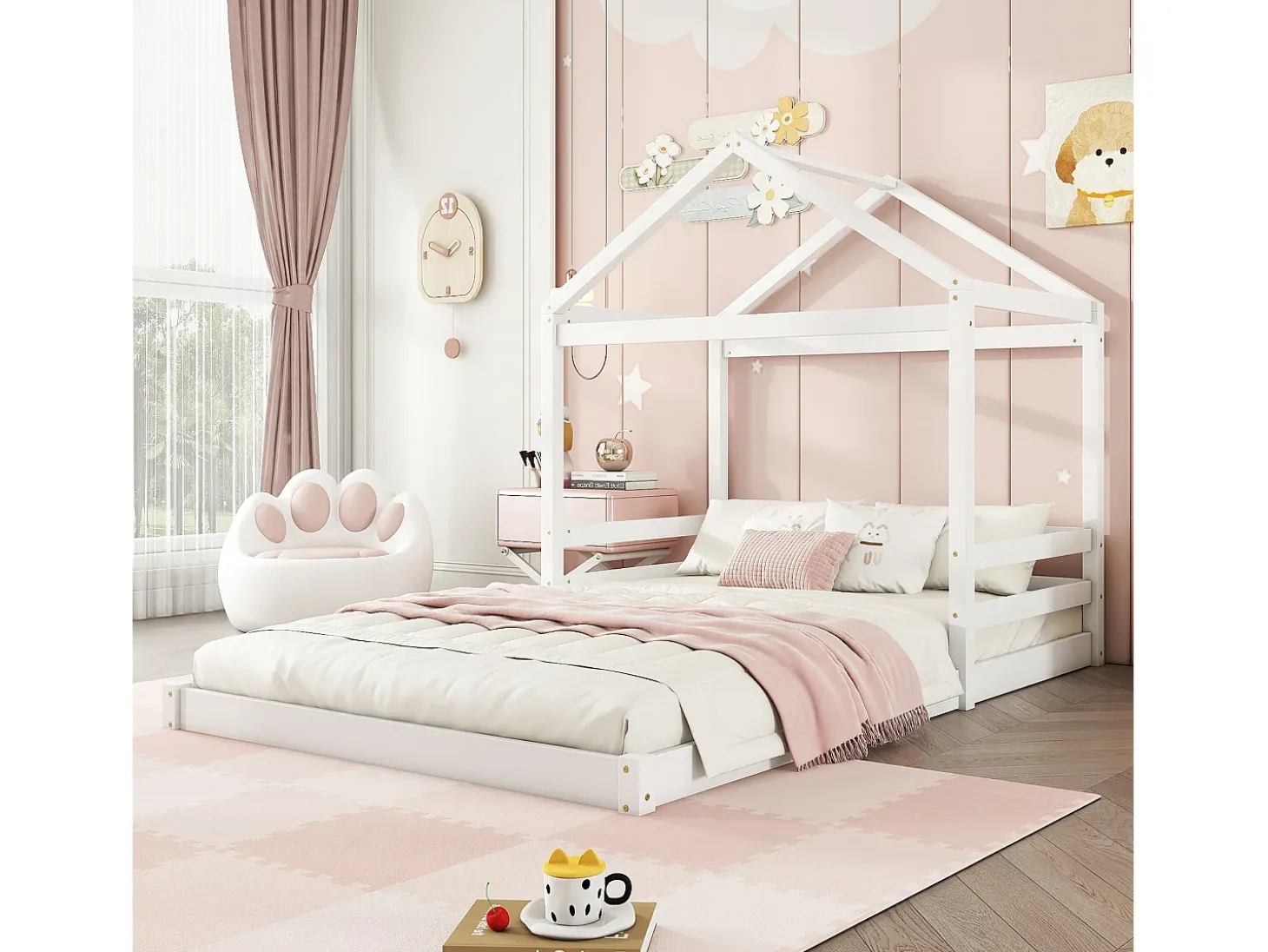 Cama cabine 140 x 200 cm com cabeceira - pinho + MDF - base de ripas - para crianças - branca (sem colchão)