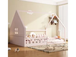 Cama cabine 140 x 200 cm com janela - Madeira de pinho + MDF - Base de ripas incluída - Rosa