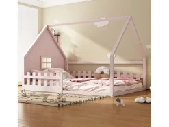 Cama cabine 140 x 200 cm com janela - Madeira de pinho + MDF - Base de ripas incluída - Rosa