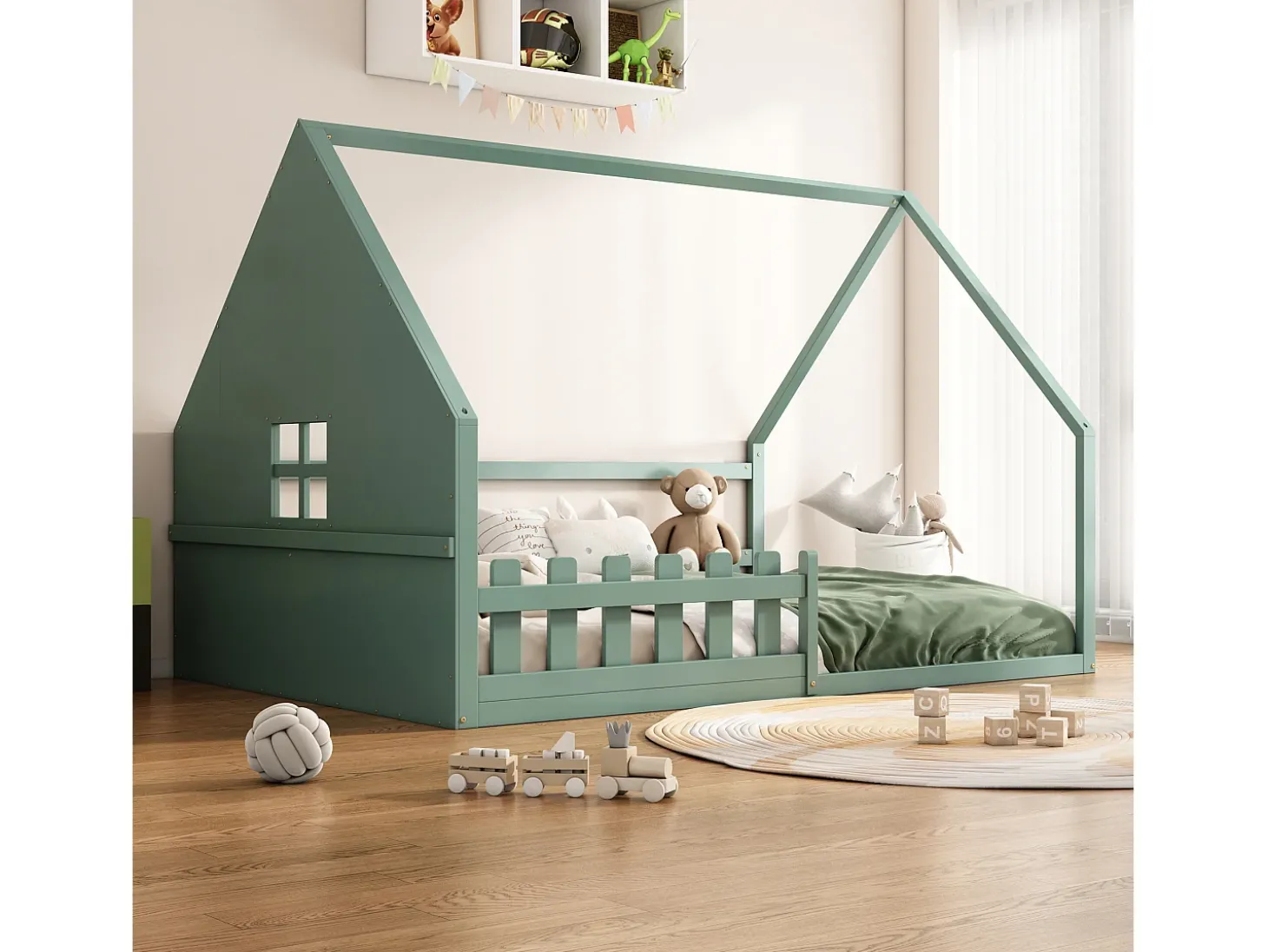 Cama cabine 140 x 200 cm com janela - Madeira de pinho + MDF - Base de ripas incluída - Verde