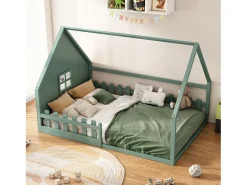 Cama cabine 140 x 200 cm com janela - Madeira de pinho + MDF - Base de ripas incluída - Verde