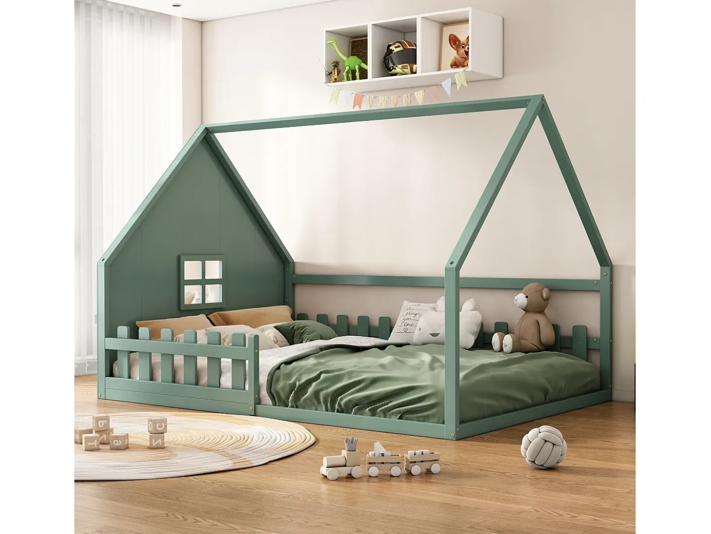 Cama cabine 140 x 200 cm com janela - Madeira de pinho + MDF - Base de ripas incluída - Verde