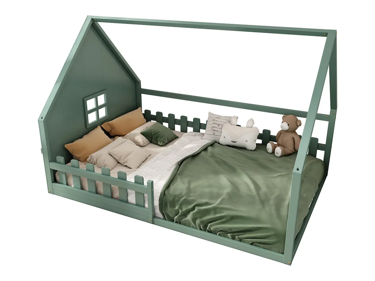Cama cabine 140 x 200 cm com janela - Madeira de pinho + MDF - Base de ripas incluída - Verde