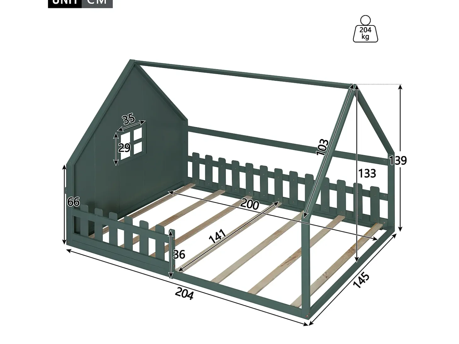Cama cabine 140 x 200 cm com janela - Madeira de pinho + MDF - Base de ripas incluída - Verde