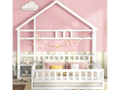 Cama cabine 140 x 200 cm com mesa de cabeceira - Pinho e MDF - Branco