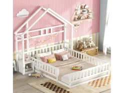 Cama cabine 140 x 200 cm com mesa de cabeceira - Pinho e MDF - Branco