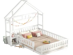 Cama cabine 140 x 200 cm com mesa de cabeceira - Pinho e MDF - Branco