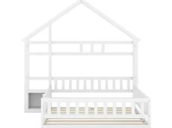 Cama cabine 140 x 200 cm com mesa de cabeceira - Pinho e MDF - Branco