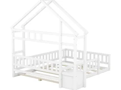 Cama cabine 140 x 200 cm com mesa de cabeceira - Pinho e MDF - Branco