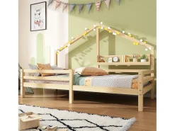 Cama cabine 90 x 200 cm com prateleira de armazenamento - madeira de pinho - base de ripas - natural