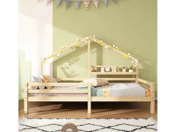 Cama cabine 90 x 200 cm com prateleira de armazenamento - madeira de pinho - base de ripas - natural