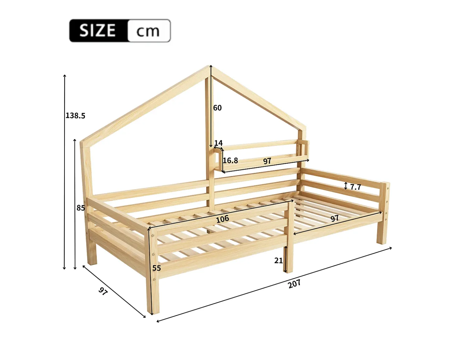Cama cabine 90 x 200 cm com prateleira de armazenamento - madeira de pinho - base de ripas - natural